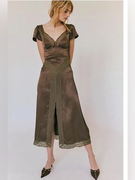 Free People Dresses & Skirts - Free People Brown Olive Satin Lace-Trim Midi Slip Dress